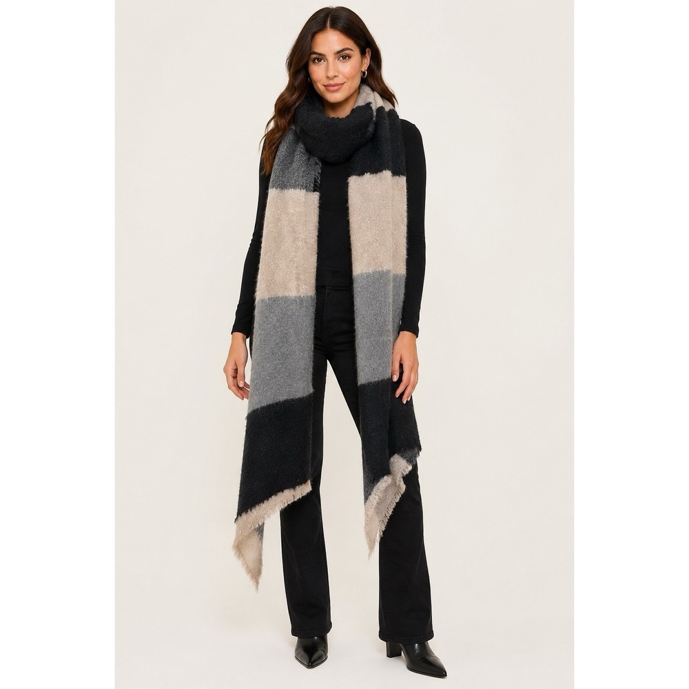 Express NWT Oversized Blanket Scarf Colorblock Black Gray Beige Fringe 90"